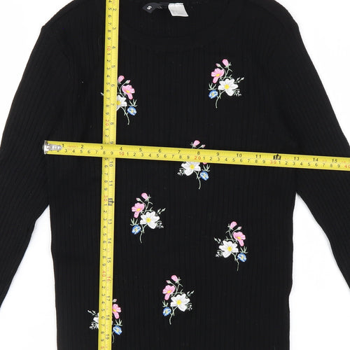 H&M Divided Women's Black Floral Embroidered Long Sleeve Jersey Top Size S