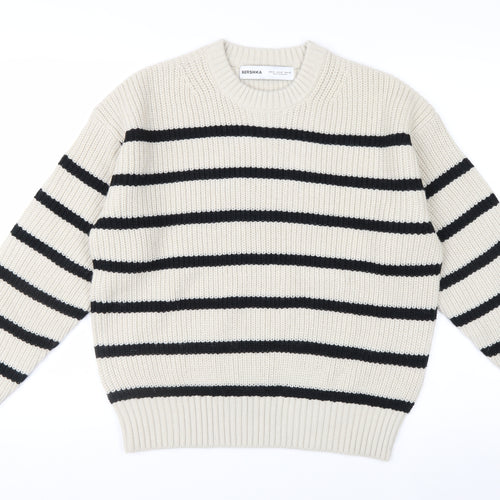 Bershka Women’s Beige Striped Chunky Knit Jumper XS