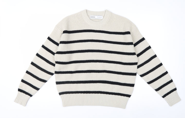 Bershka Women’s Beige Striped Chunky Knit Jumper XS