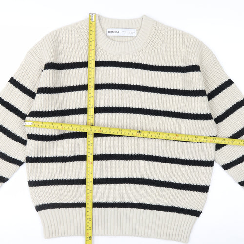 Bershka Women’s Beige Striped Chunky Knit Jumper XS