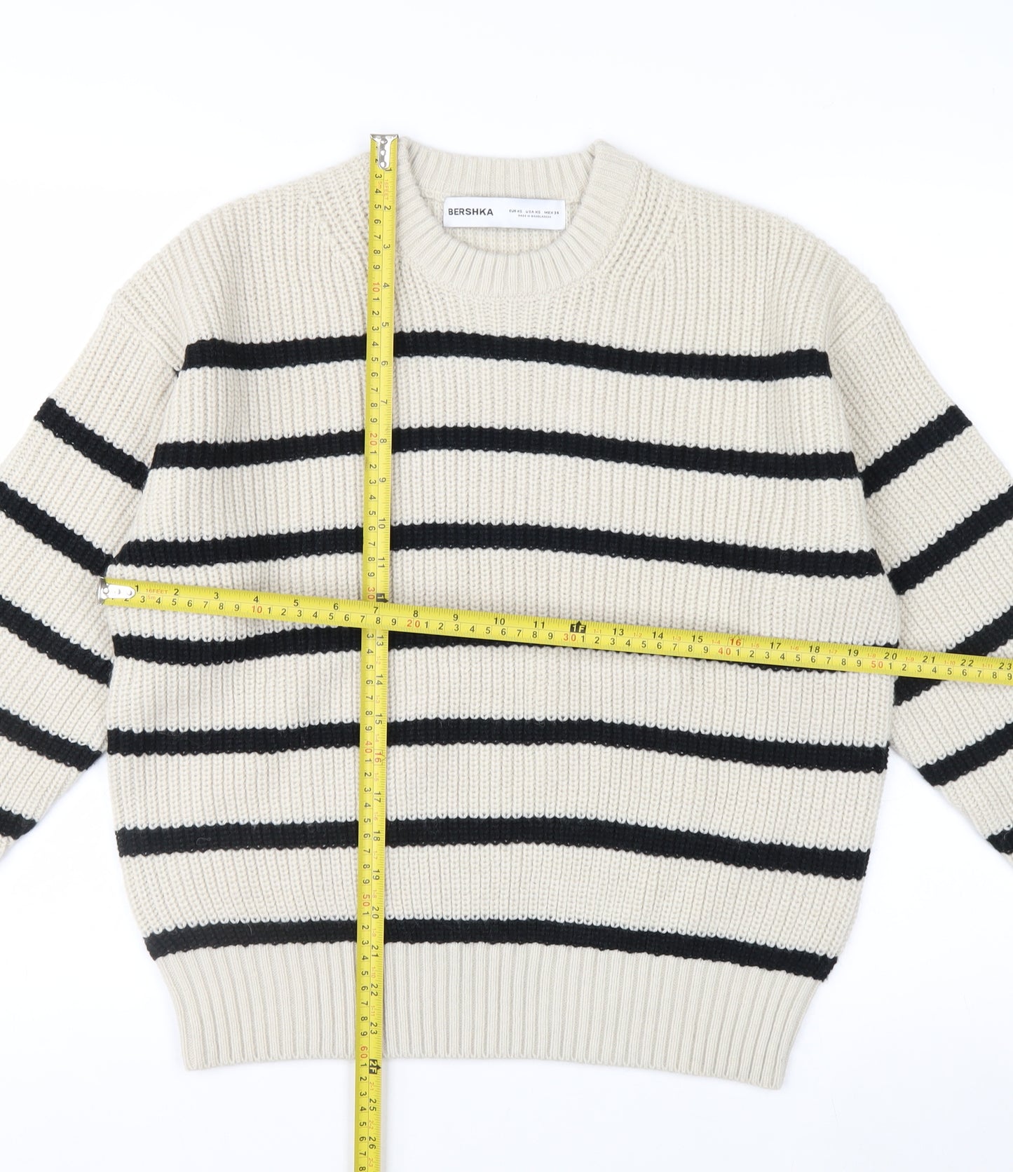 Bershka Women’s Beige Striped Chunky Knit Jumper XS