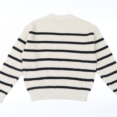 Bershka Women’s Beige Striped Chunky Knit Jumper XS