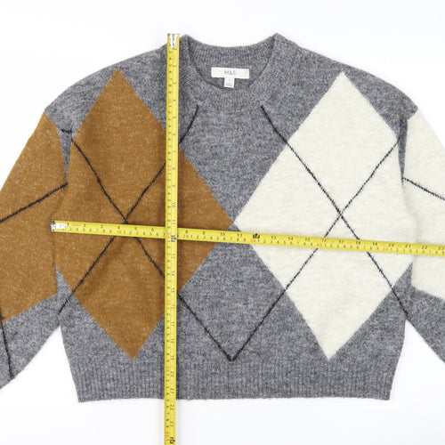 Marks and Spencer Women Grey Argyle Wool Blend Pullover Jumper Size S