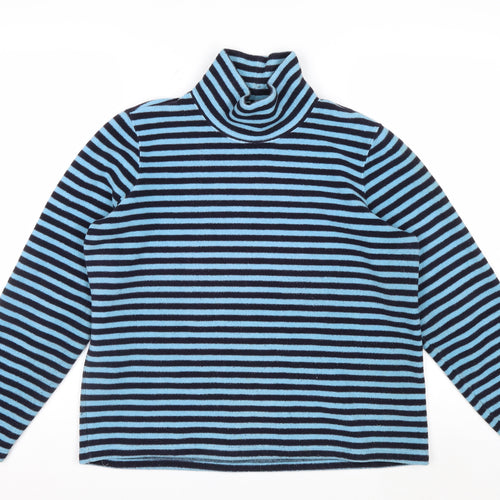 Lands' End Women Blue Black Striped Fleece Pullover Sweatshirt 10-12