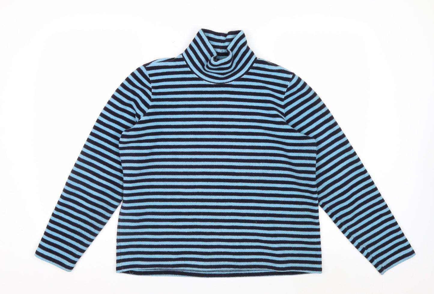 Lands' End Women Blue Black Striped Fleece Pullover Sweatshirt 10-12