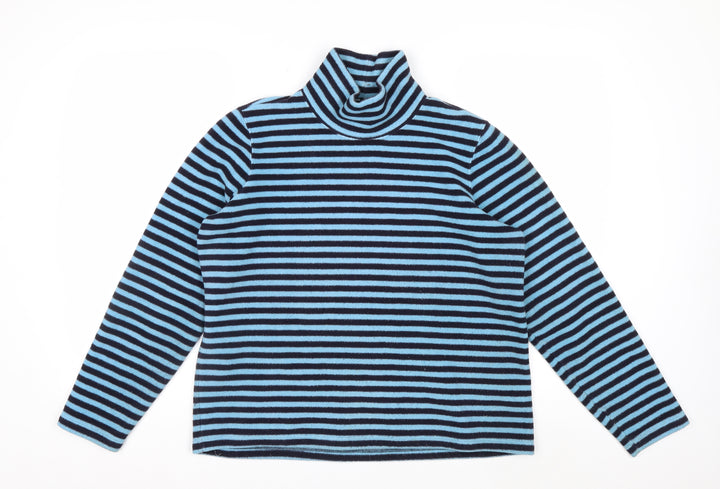 Lands' End Women Blue Black Striped Fleece Pullover Sweatshirt 10-12
