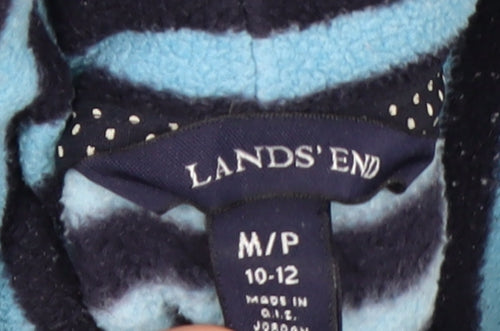 Lands' End Women Blue Black Striped Fleece Pullover Sweatshirt 10-12