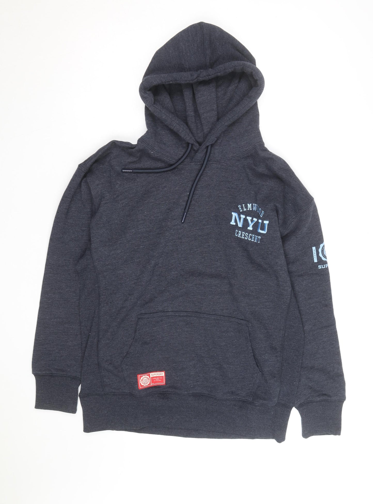 Superdry Men's Grey Pullover Hoodie S NYU Logo Fleece Sweatshirt