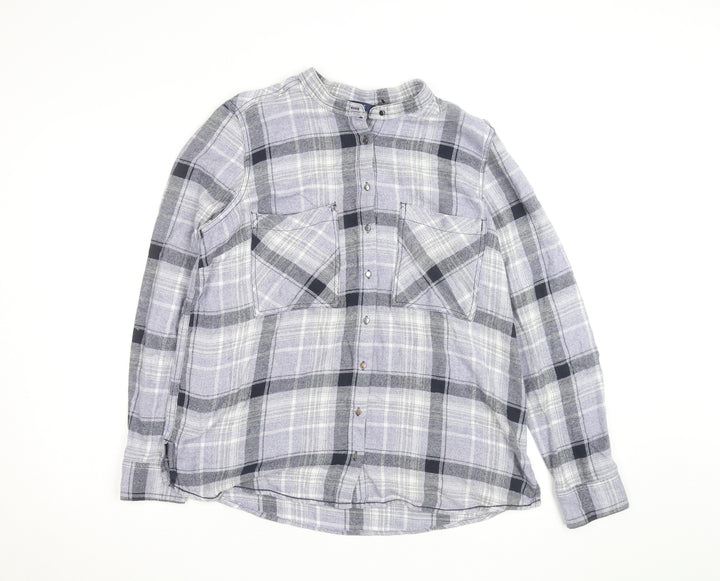 Next Men's Grey Check Flannel Band Collar Long Sleeve Shirt Size 14