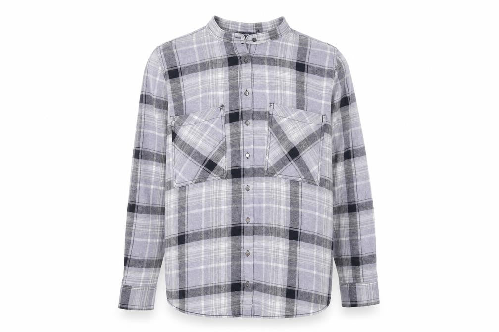 Front view of Next Men's Grey Check Flannel Band Collar Long Sleeve Shirt, size 14