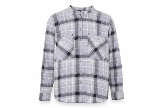 Front view of Next Men's Grey Check Flannel Band Collar Long Sleeve Shirt, size 14
