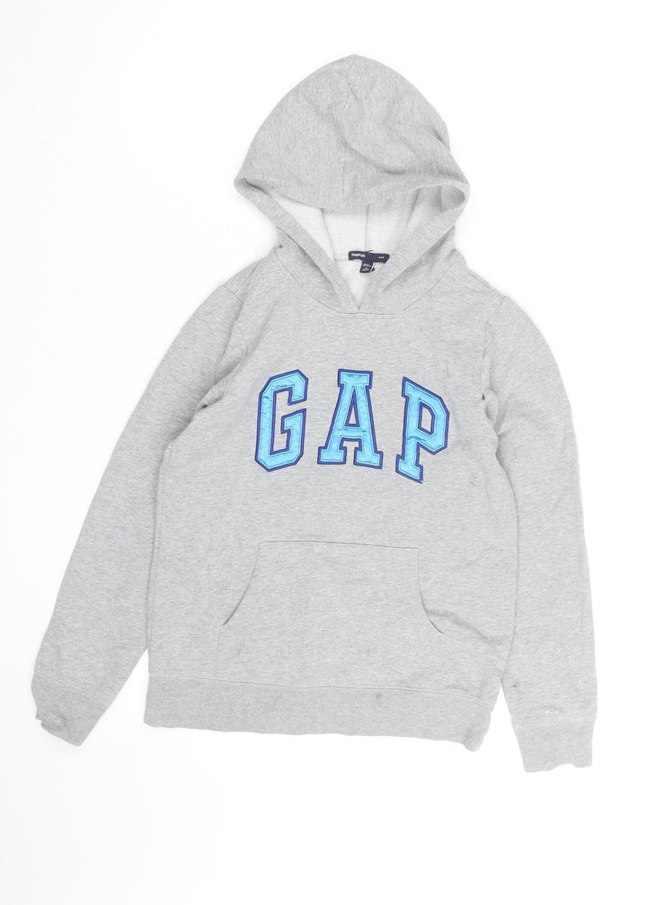 GAP Kids Boys Grey Pullover Hoodie with Blue Logo - Size 6-7 Years