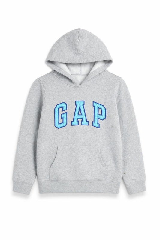 GAP Kids Boys Grey Pullover Hoodie with Blue Logo - Size 6-7 Years