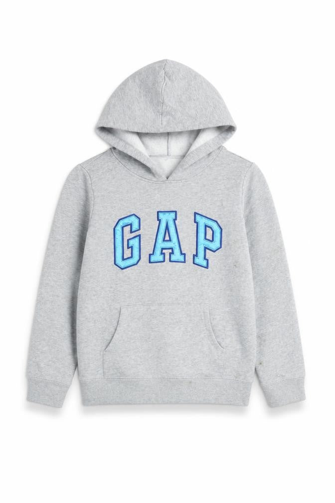 Gap Kids Boys Grey Pullover Hoodie with Blue Logo - Size 6-7 Years