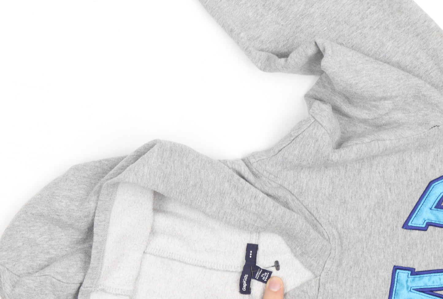 GAP Kids Boys Grey Pullover Hoodie with Blue Logo - Size 6-7 Years