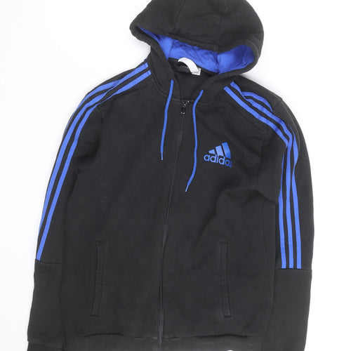 Adidas Men's Black Full Zip Hoodie with Blue Stripes Size M