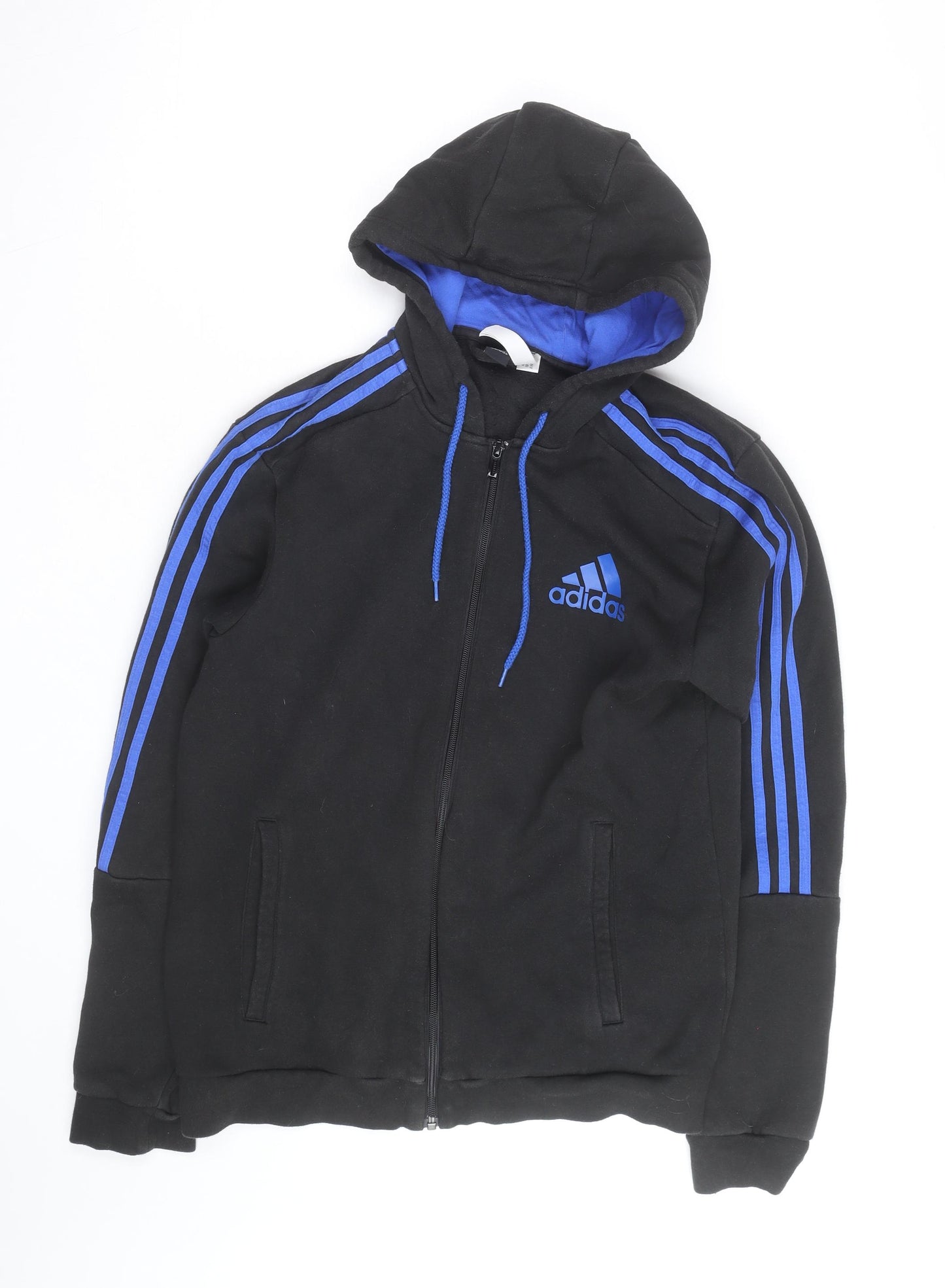 Adidas Men's Black Full Zip Hoodie with Blue Stripes Size M