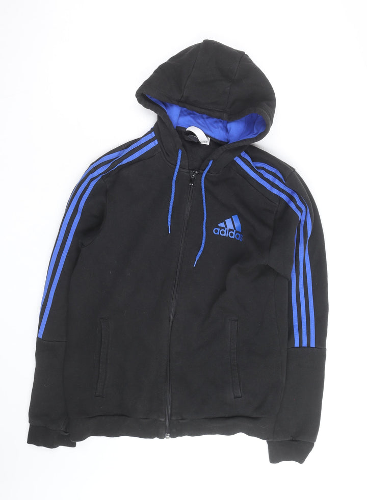 Adidas Men's Black Full Zip Hoodie with Blue Stripes Size M