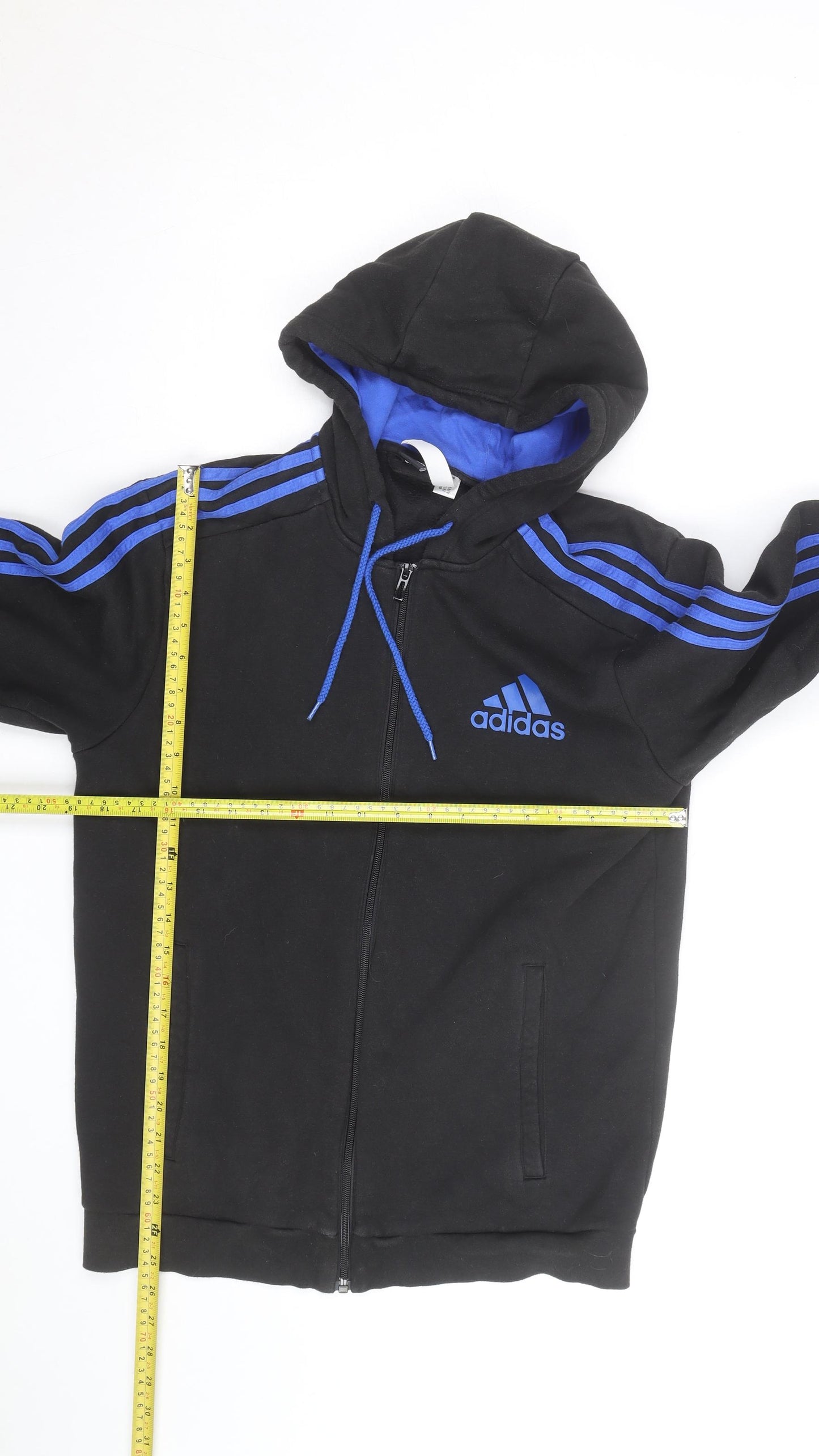 Adidas Men's Black Full Zip Hoodie with Blue Stripes Size M