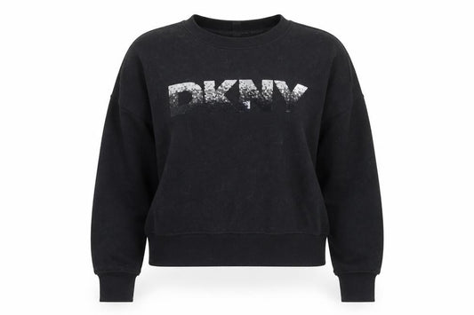 Front view of DKNY Sport Women's Black Sequin Logo Pullover Sweatshirt, size M