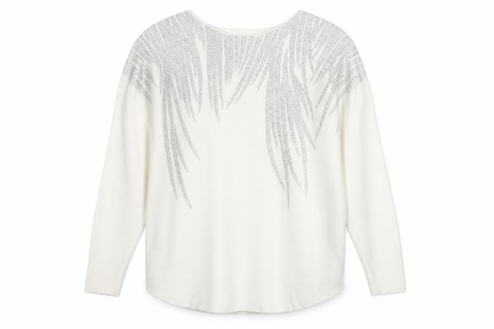 Front view of Blue Vanilla Women White L/XL Embellished Batwing Jumper