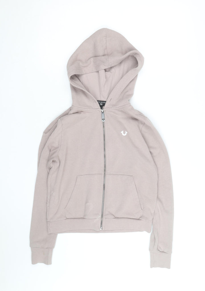 True Religion Women Beige Full Zip Hoodie Size S Cotton Fleece Logo