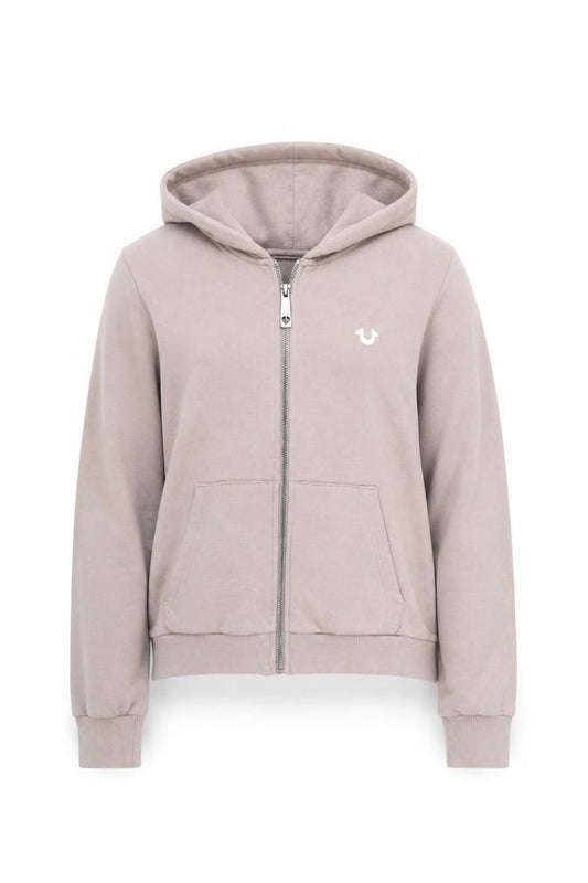 Front view of True Religion Women Beige Full Zip Hoodie, size S, Cotton Fleece Logo