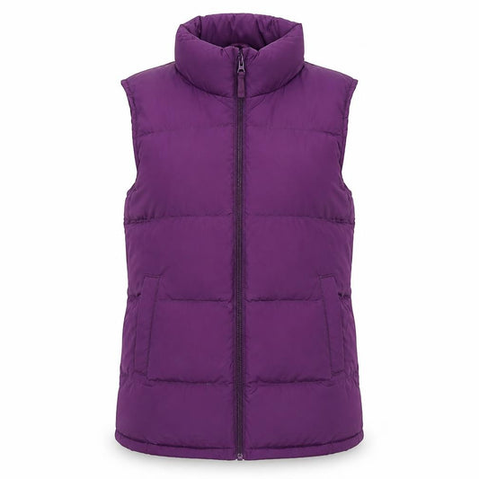 Front view of Lands' End Teens Purple Puffer Waistcoat, size 14, Polyester Zip