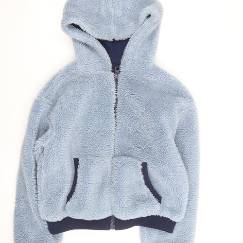 Bershka Women Blue Hooded Fleece Jacket Size M Full Zip Winter Coat