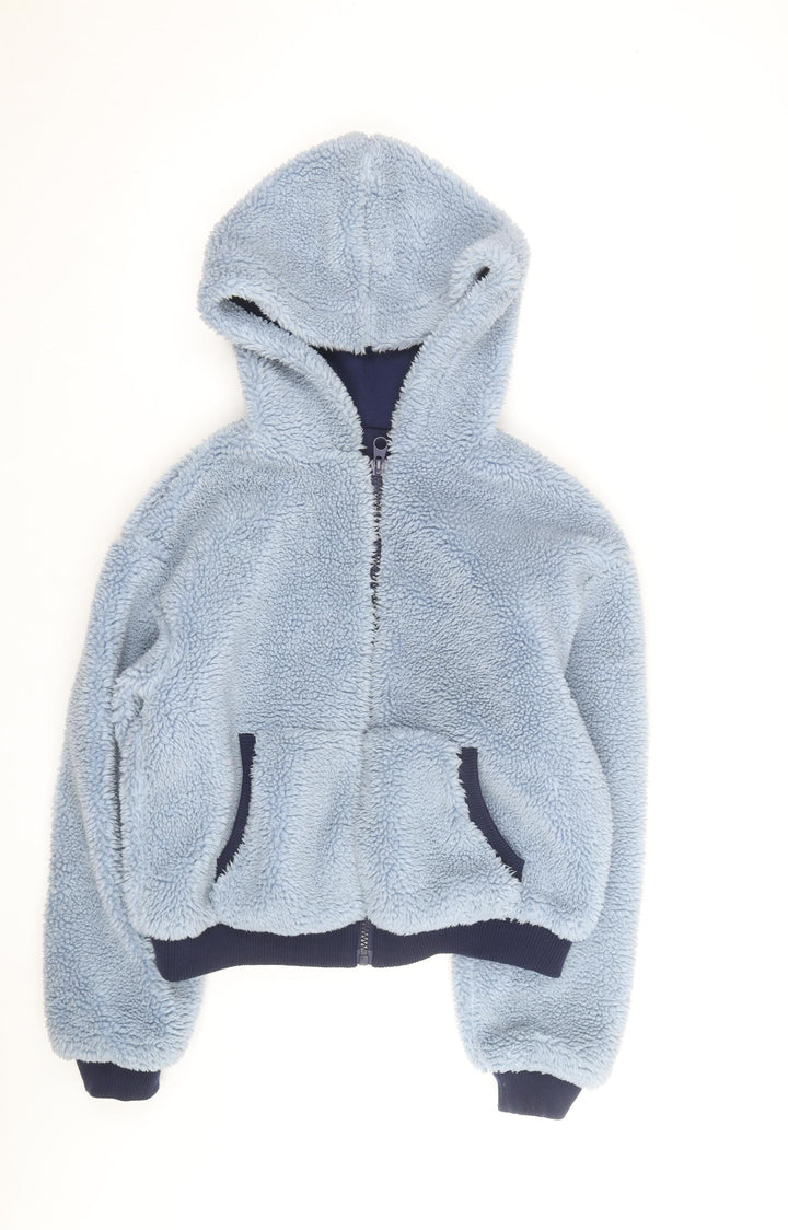 Bershka Women Blue Hooded Fleece Jacket Size M Full Zip Winter Coat