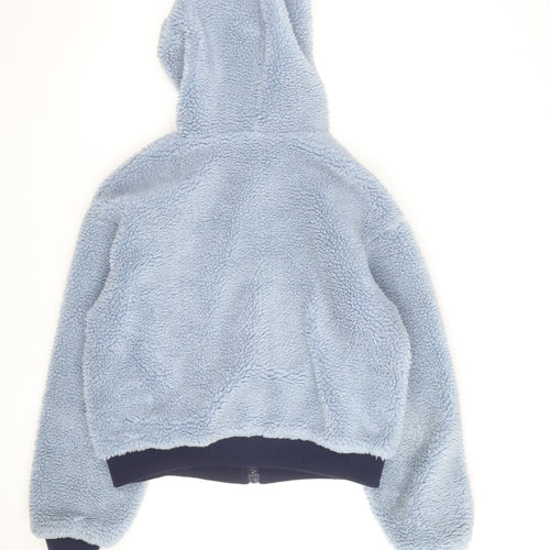 Bershka Women Blue Hooded Fleece Jacket Size M Full Zip Winter Coat