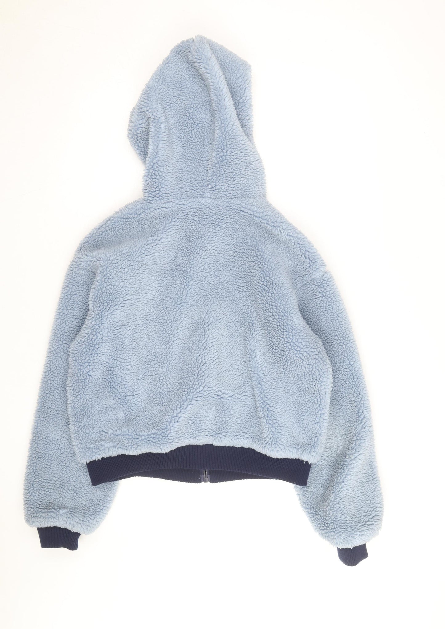 Bershka Women Blue Hooded Fleece Jacket Size M Full Zip Winter Coat