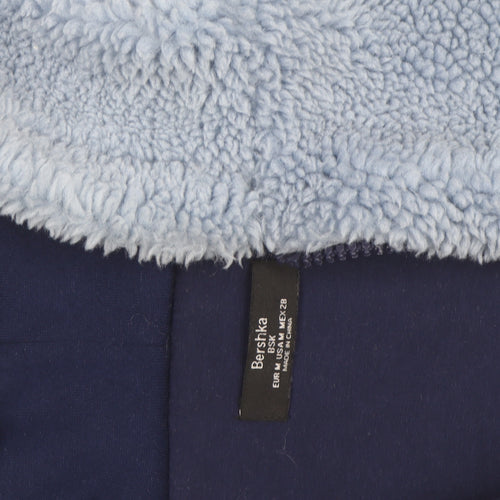 Bershka Women Blue Hooded Fleece Jacket Size M Full Zip Winter Coat