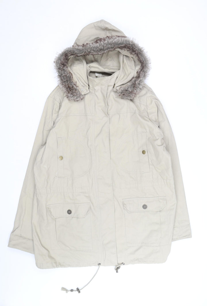 Cotton Traders Women’s Beige Faux Fur Hooded Parka Coat Size 18