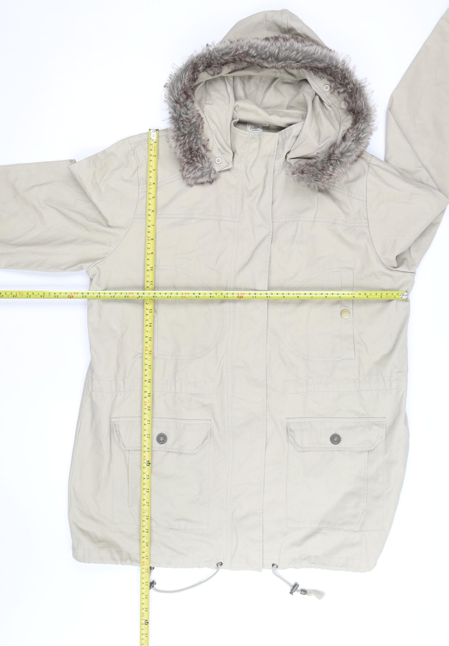 Cotton Traders Women’s Beige Faux Fur Hooded Parka Coat Size 18