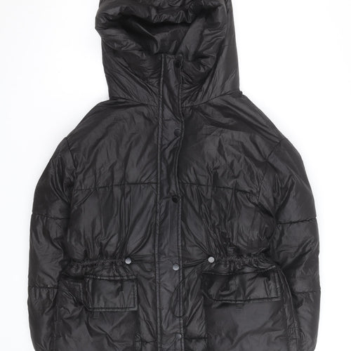 Bershka Women's Black XS Puffer Jacket Hooded Mid-Length