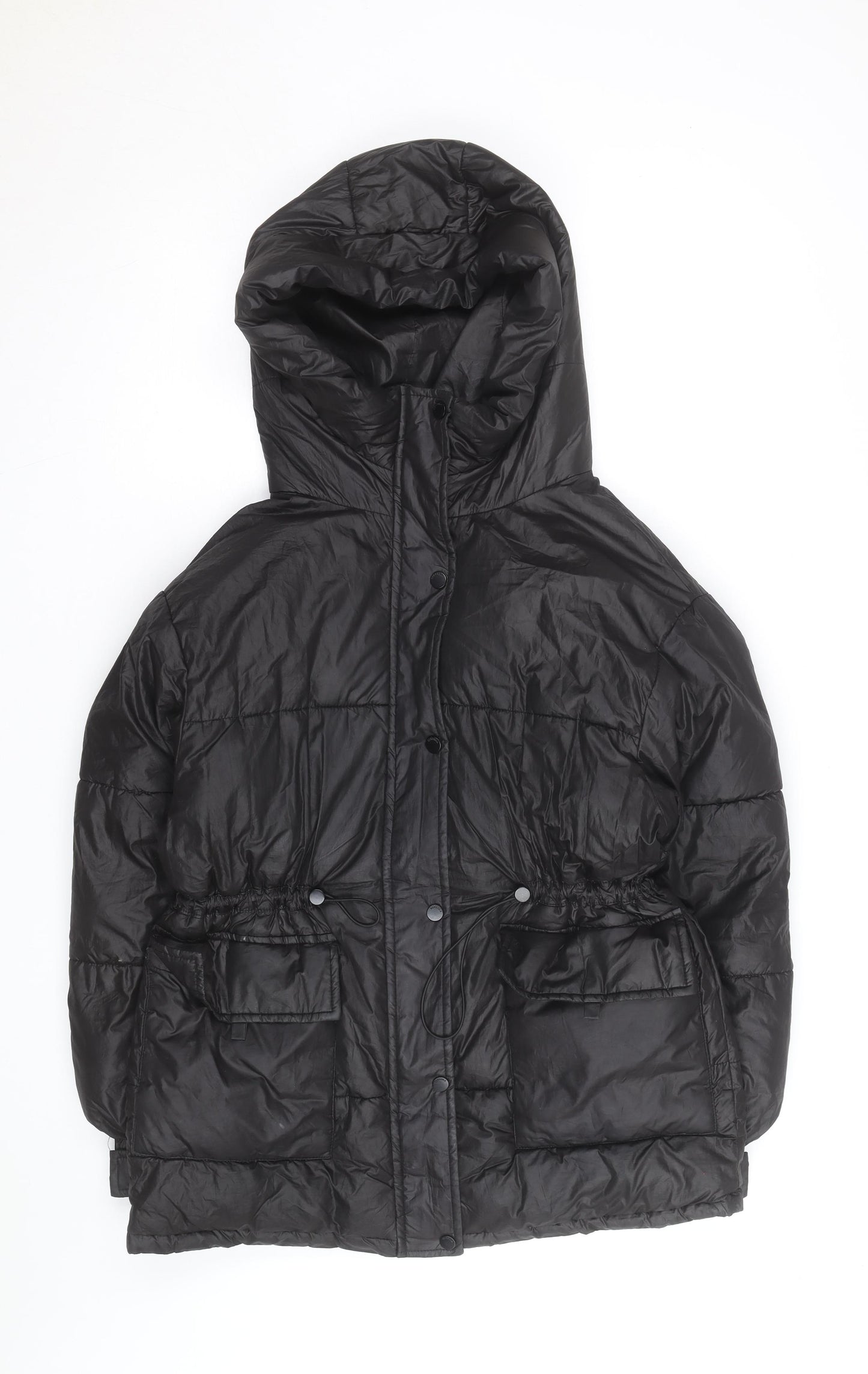 Bershka Women's Black XS Puffer Jacket Hooded Mid-Length