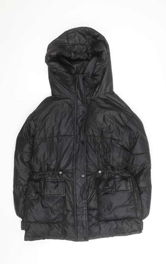 Bershka Women's Black XS Puffer Jacket Hooded Mid-Length