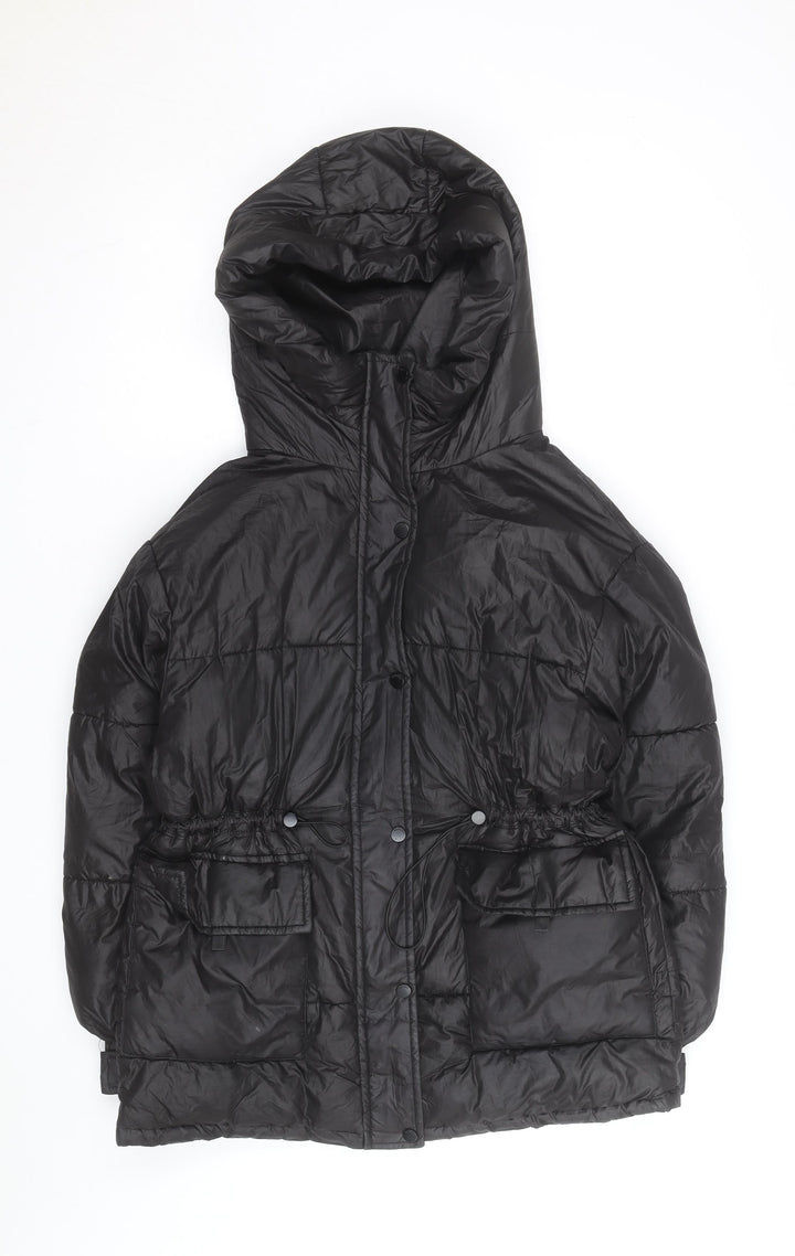 Bershka Women's Black XS Puffer Jacket Hooded Mid-Length