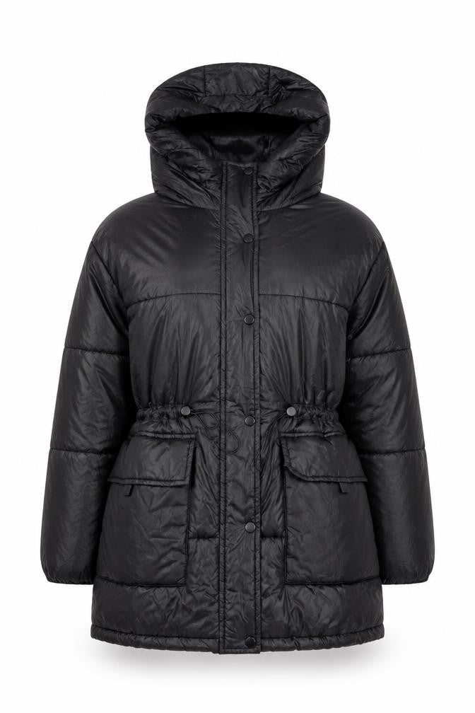 Front view of Bershka Women's Black XS Puffer Jacket Hooded Mid-Length