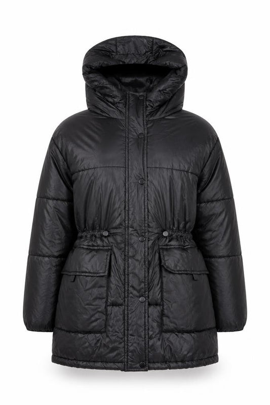 Front view of Bershka Women's Black XS Puffer Jacket Hooded Mid-Length