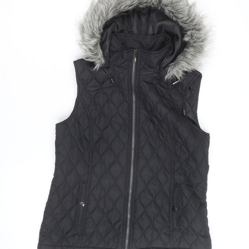 Tu Women's Black Quilted Hooded Faux Fur Trim Waistcoat Size 14