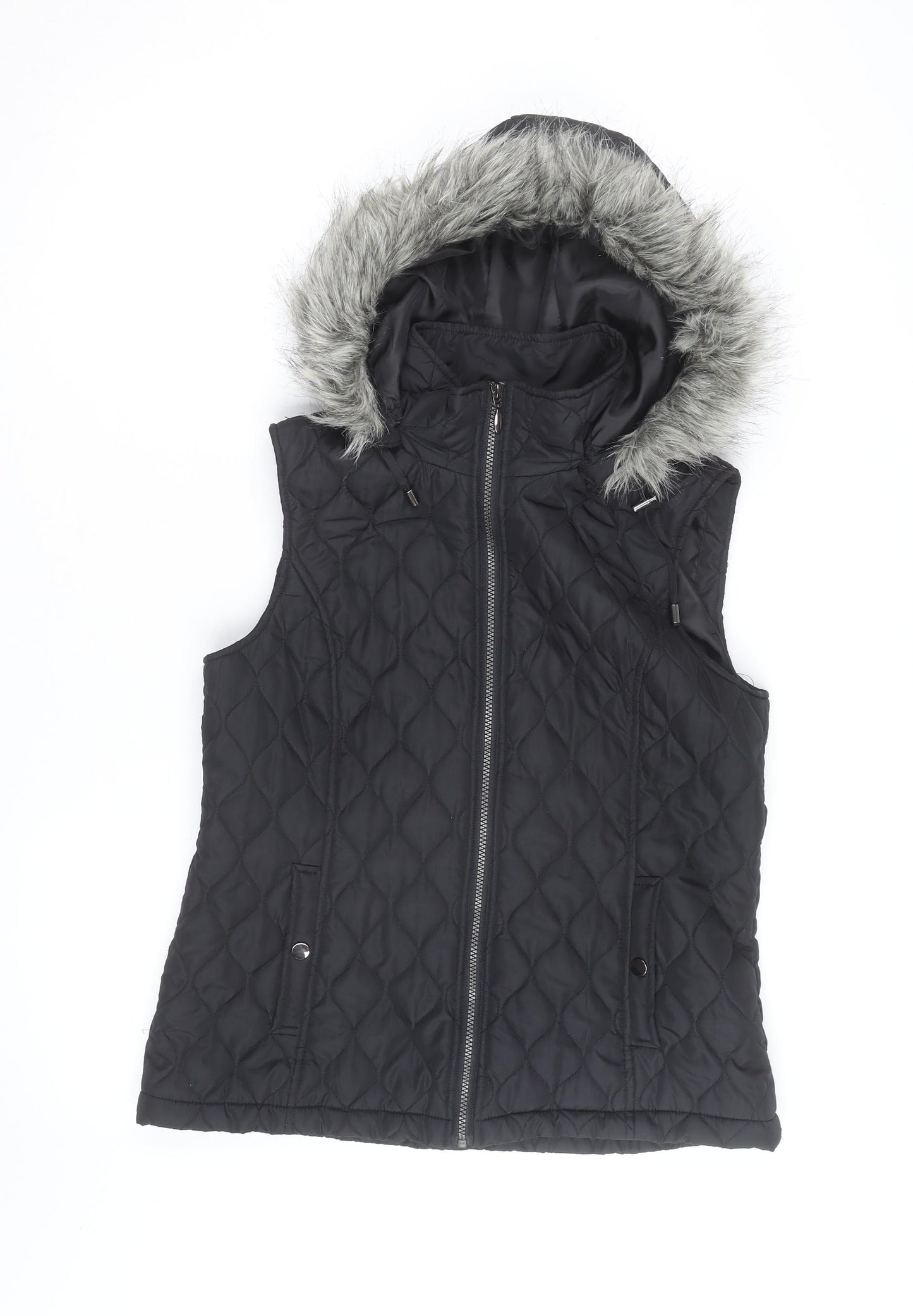 Tu Women's Black Quilted Hooded Faux Fur Trim Waistcoat Size 14
