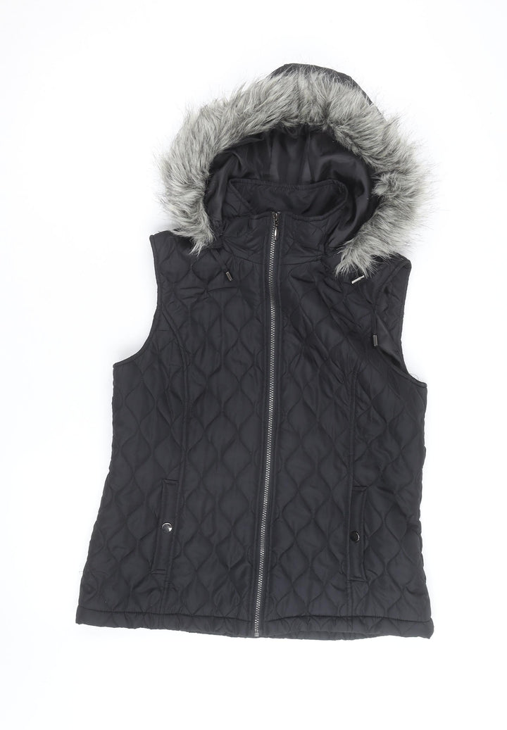 Tu Women's Black Quilted Hooded Faux Fur Trim Waistcoat Size 14