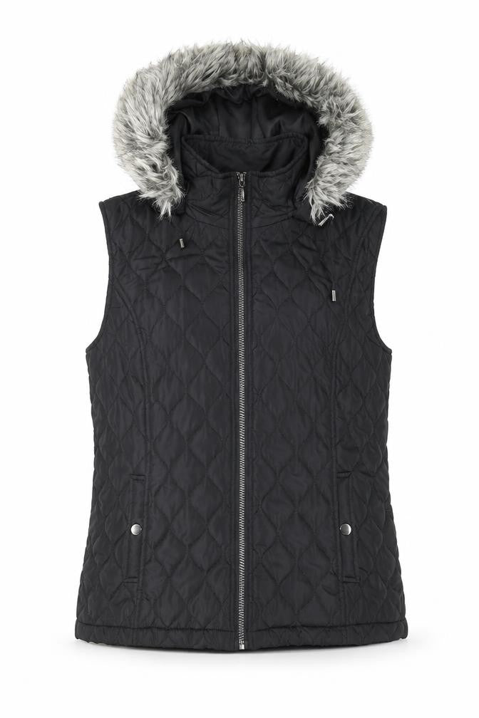 Tu Women's Black Quilted Hooded Faux Fur Trim Waistcoat Size 14