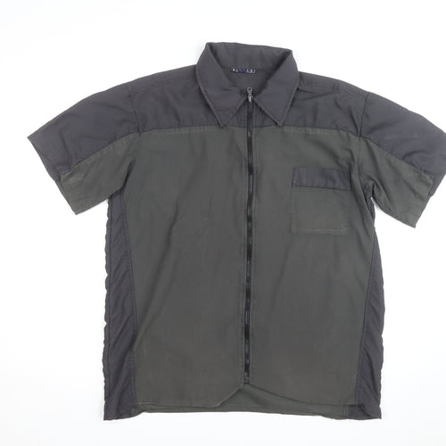 Ninety Mens Black Short Sleeve Zip Front Collared Shirt L Regular Fit