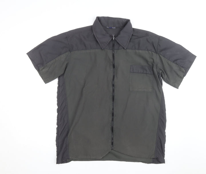 Ninety Mens Black Short Sleeve Zip Front Collared Shirt L Regular Fit