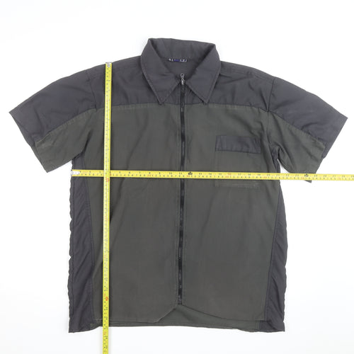 Ninety Mens Black Short Sleeve Zip Front Collared Shirt L Regular Fit