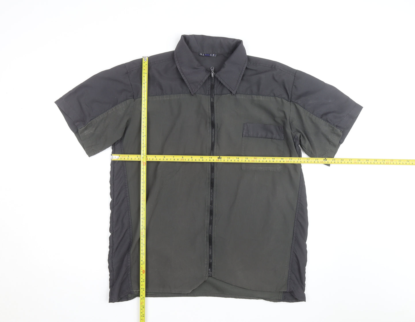 Ninety Mens Black Short Sleeve Zip Front Collared Shirt L Regular Fit