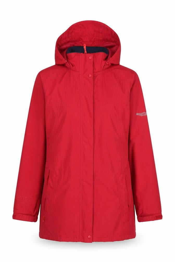 Front view of Regatta Women’s Red Waterproof Hooded Parka Jacket, size UK 12